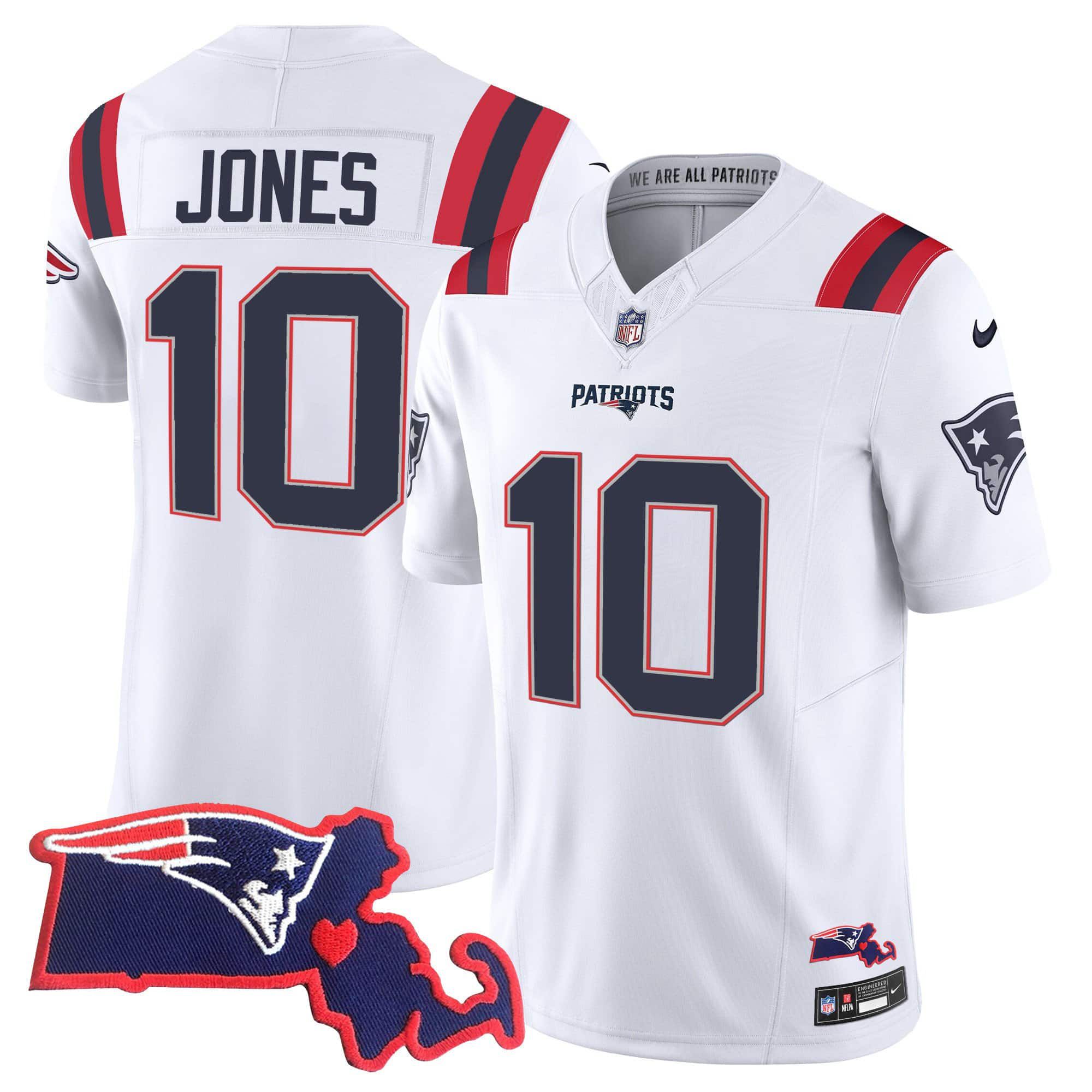 Men New England Patriots 10 Jones White 2024 Nike Patch Vapor Limited NFL Jersey
